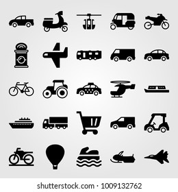 Transport vector icon set. cable car cabin, caravan, airplane and sea scooter
