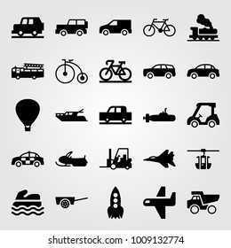 Transport vector icon set. cable car cabin, hot air balloon, van and golf