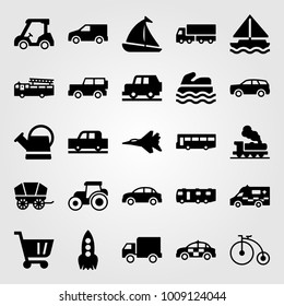 Transport vector icon set. car, golf car, train and tractor