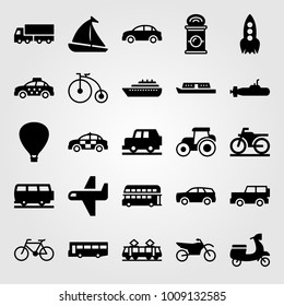 Transport vector icon set. car, bicycle and rocket