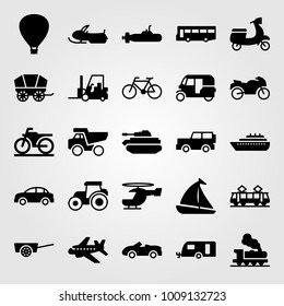 Transport vector icon set. car, air balloon, hot air balloon and tractor