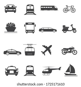 Juego de iconos del vector de transporte. Contiene iconos como el taxi, el tren, el tranvía, el avión, el coche, el autobús público, el barco/ferry, la bicicleta, la motocicleta y más.