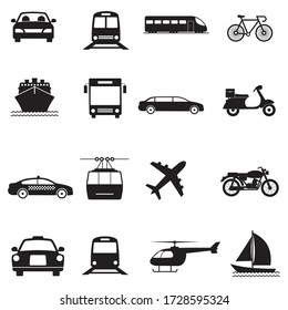 Transport Vector Icon set. Contains such Icons as Taxi, Train, Tram, Airplane, car, Public bus, Ship/Ferry, bicycle, motorcycle and more.
