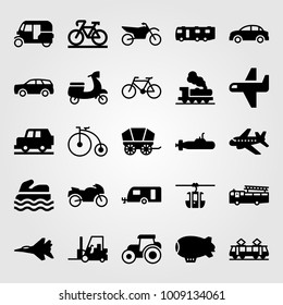 Transport vector icon set. forklift, aeroplane, zeppelin and bicycle