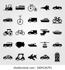 Transport vector icon set. forklift, golf, can and sport car