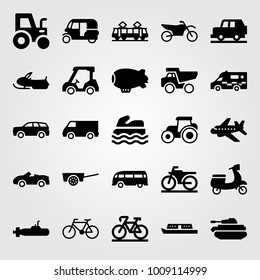 Transport vector icon set. golf car, bus, motorbike and boat