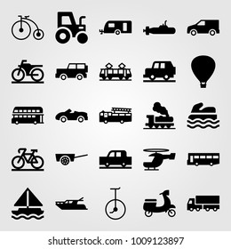 Transport vector icon set. hot air balloon, cart, tram and car