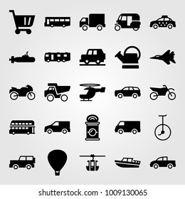 Transport vector icon set. motorcycle, helicopter, van and taxi