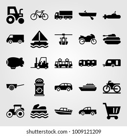 Transport vector icon set. pickup truck, motorbike, boat and truck