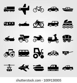 Transport vector icon set. police car, sport bike, cable car cabin and dumper