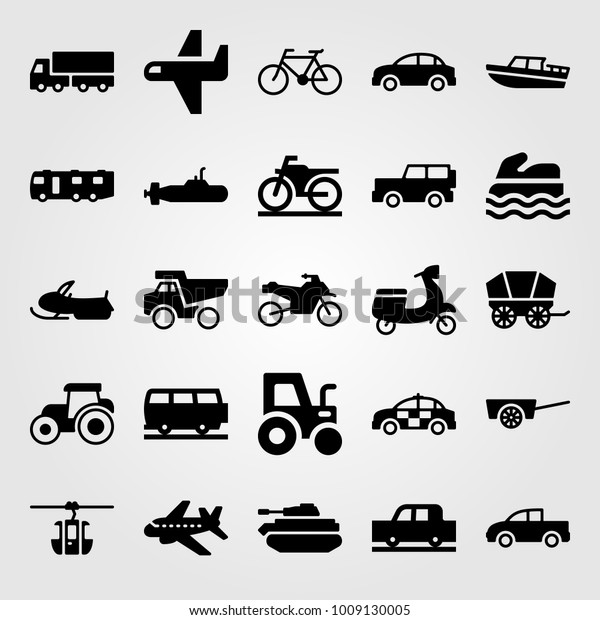 Transport vector icon set. police car, sport bike,\
cable car cabin and\
dumper