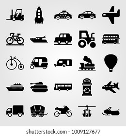 Transport vector icon set. rocket, ship, forklift and tank