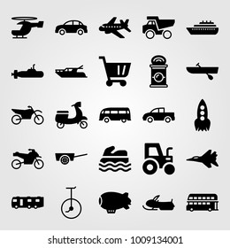 Transport vector icon set. snowmobile, pickup truck, submarine and motorcycle