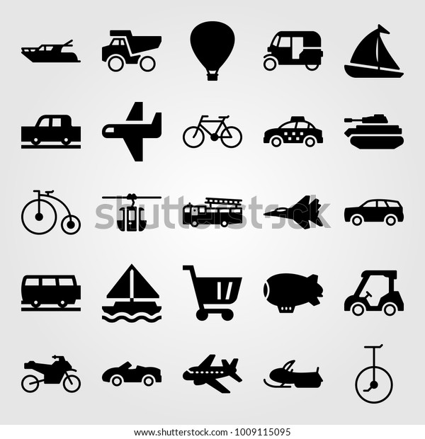 Transport vector icon set. sport car, cart, sport\
bike and jet