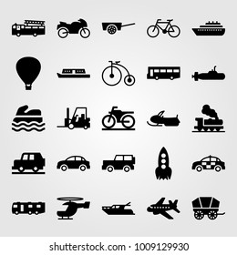 Transport vector icon set. submarine, sport bike, car and jeep