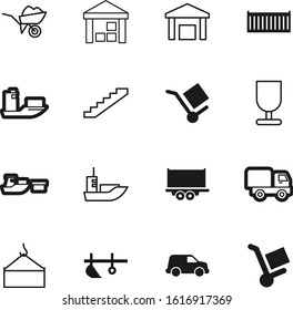 transport vector icon set such as: order, trolley, floor, outline, strength, information, automobile, trailer, tool, safety, back, lifting, machine, down, post, broken, estate, work, stair, machinery