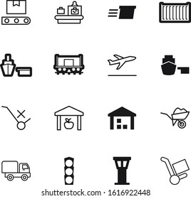 transport vector icon set such as: security, unit, light, set, portal, construction, stoplight, aviation, paper, food, departure, water, tower, direction, containers, gift, rail, baggage, scanner