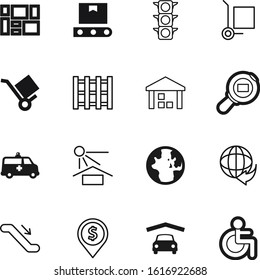 transport vector icon set such as: roof, home, navigation, move, lamp, pallets, education, protect, crossroads, round, wheelchair, knowledge, stoplight, production, import, wheel, stick, aid, money