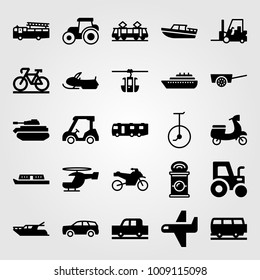 Transport vector icon set. tank, ship, cart and airplane