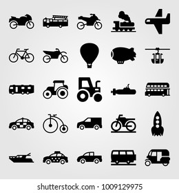 Transport vector icon set. taxi, bicycle, yatch and police car