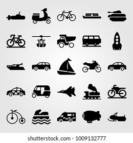 Transport vector icon set. train, cable car cabin, police car and zeppelin