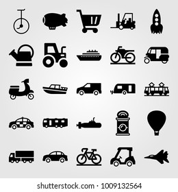 Transport vector icon set. tram, jet, bicycle and golf car