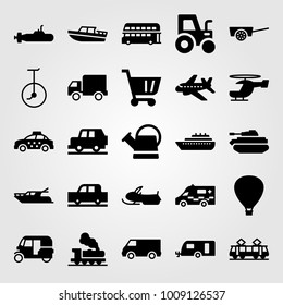 Transport vector icon set. truck, unicycle, watering can and yatch