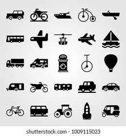 Transport vector icon set. unicycle, car, sailboat and rowing