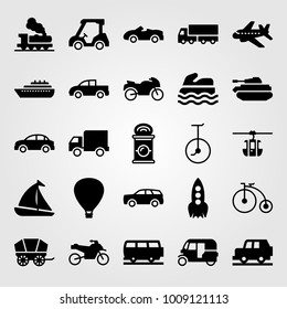 Transport vector icon set. unicycle, pickup, motorcycle and air balloon