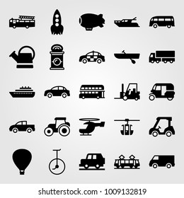 Transport vector icon set. van, tuk tuk, hot air balloon and car