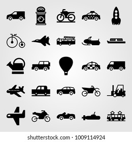 Transport vector icon set. watering can, sport car, forklift and rocket