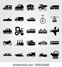 Transport vector icon set. watering can, wagon, submarine and cable car cabin