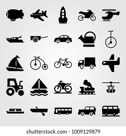 Transport vector icon set. watering can, sport bike, zeppelin and sailboat