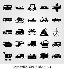 Transport vector icon set. watering can, airplane, shopping cart and can