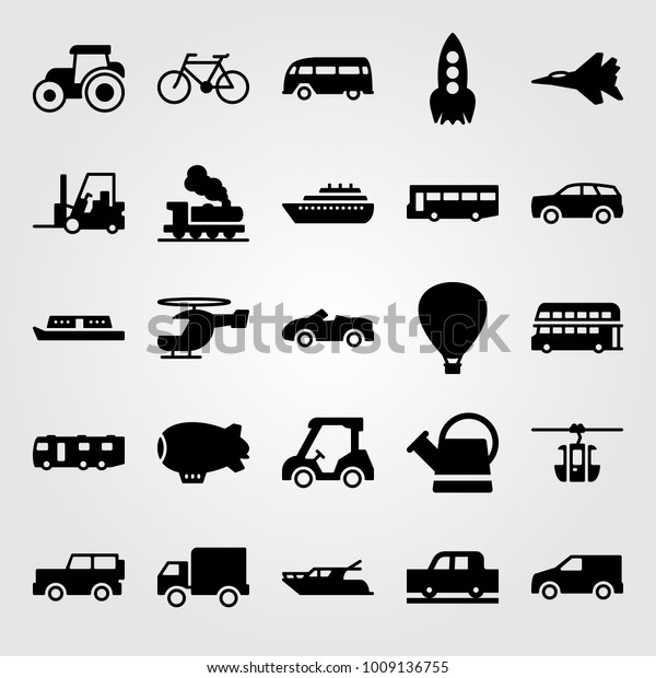 Transport vector icon set. zeppelin, sport car\
and forklift