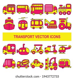 Transport vector icons in filled outline design style.
