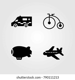 Transport vector icons set. ambulance, zeppelin and bicycle
