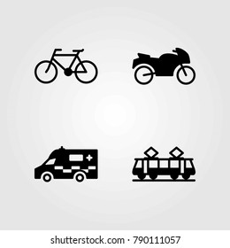Transport vector icons set. bicycle, motorcycle and ambulance