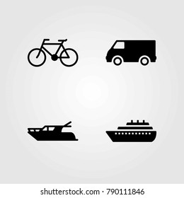 Transport vector icons set. bicycle, ship and yatch