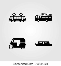 Transport vector icons set. boat, tuk tuk and fire truck