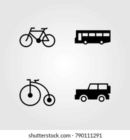 Transport vector icons set. bus, car and bicycle