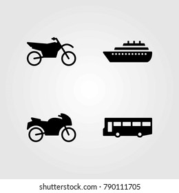 Transport vector icons set. bus, motorcycle and ship