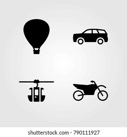 Transport vector icons set. car, hot air balloon and cable car cabin