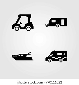 Transport vector icons set. caravan, ambulance and golf cart