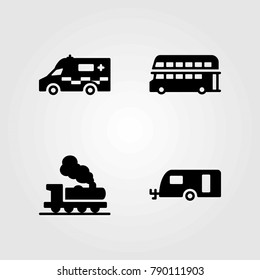 Transport vector icons set. caravan, double decker bus and train