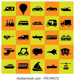 Transport vector icons set. caravan, jet and wagon