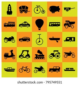 Transport vector icons set. cart, dumper and motorcycle