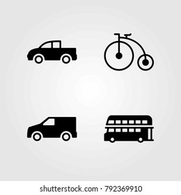 Transport vector icons set. double decker bus, pickup truck and truck