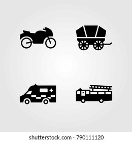 Transport vector icons set. fire truck, motorcycle and wagon