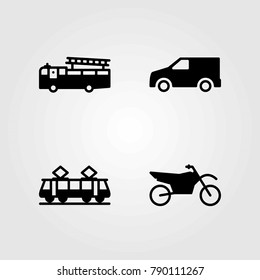 Transport vector icons set. fire truck, motorcycle and tram